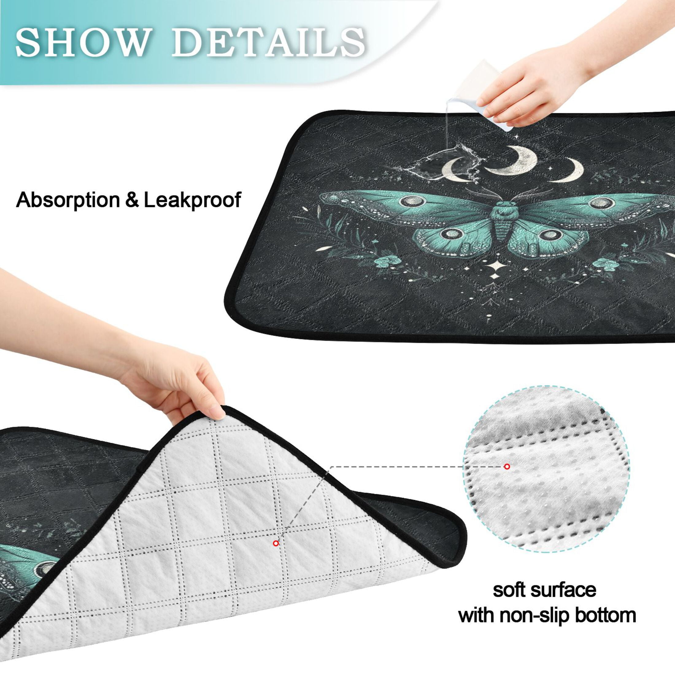 Qxltty Green Moth Cat litter Pads Pet Set of 3 Diaper Mats Center Anti-leakage Layer Absorbent Soft and Comfortable