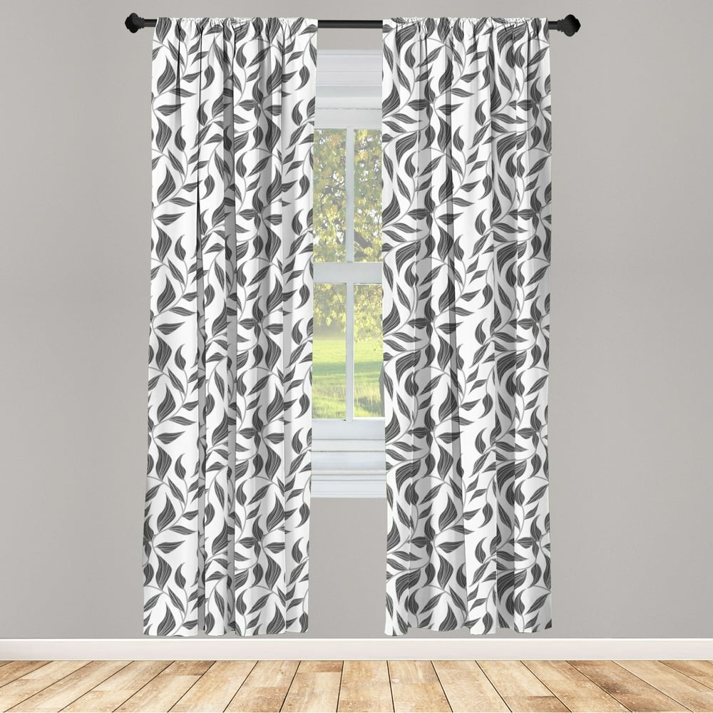 Room Darkening Grey Curtains 2 Panels Set, Abstract Leaves on Vines