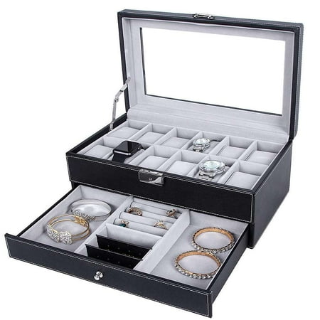 Black Faux Leather Jewelry Case - 12 Slots Watch Storage Box, Watch Box Mens Watch Organizer Lockable Jewelry Display Case with Real Glass Top Black Faux Leather Black