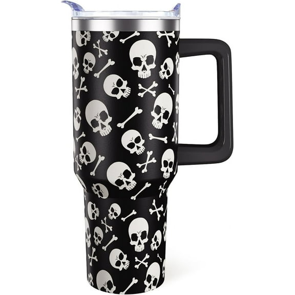40oz Halloween Tumbler with Lid & Straw - Stainless Steel Double Wall Skull Design Gothic Cup - Spooky Gift for Women, Men, Adults