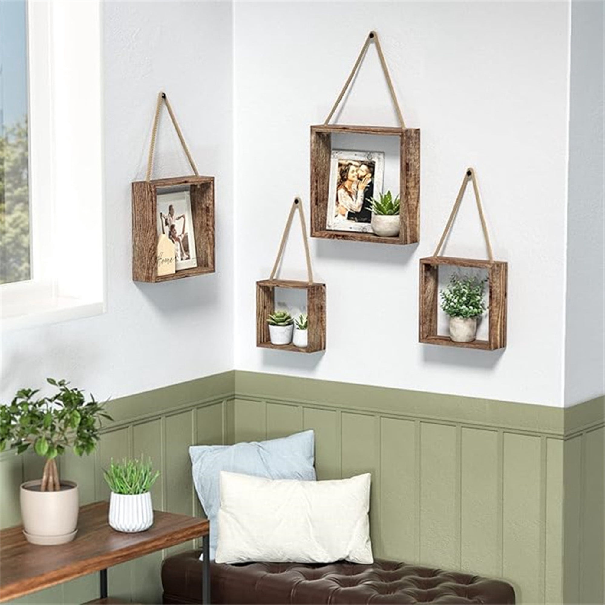 TEAFIRST Set of 4 Floating Hanging Square Shelves, Wall Mounted Rustic Wood Shelf for Living Room