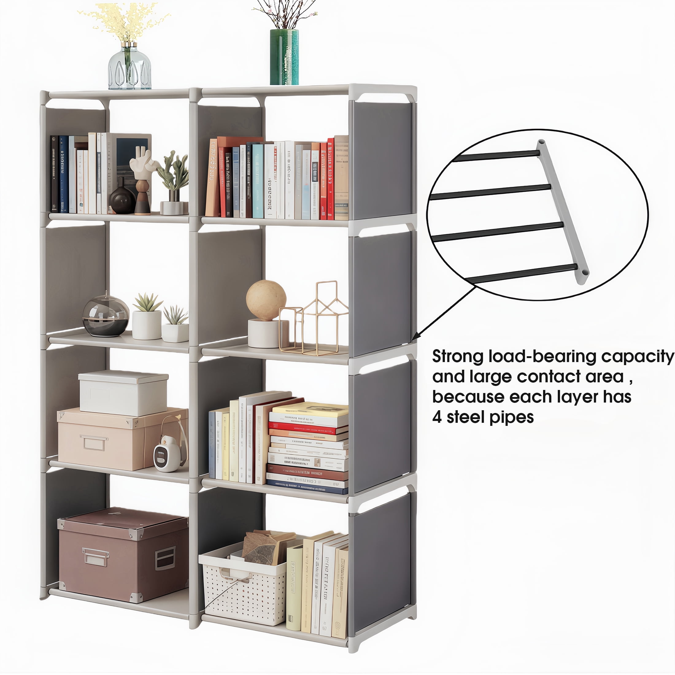 GARITIN Portable 8-Cube Bookshelf, Vertical Storage Organizer Bookcase, Portable Grid Shelf Bookshelves Book Shelf, Storage Shelves Unit for Living Room, Study Room, Bedroom