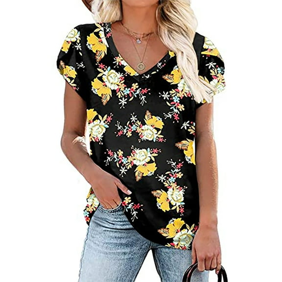 Summer Saving pimelu USSUMA T-Shirts for Women Trendy Solid Color Cute Petal Sleeve Loose Womens Blouses and Tops Dressy Casual Summer V Neck Short Sleeve Tshirts Shirts Tunic for Women