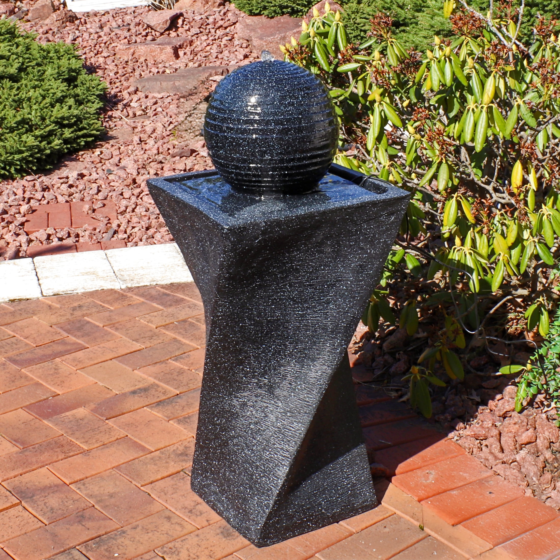 Sunnydaze Ball Modern Black Polyresin Outdoor Solar Fountain with Battery and LED Light