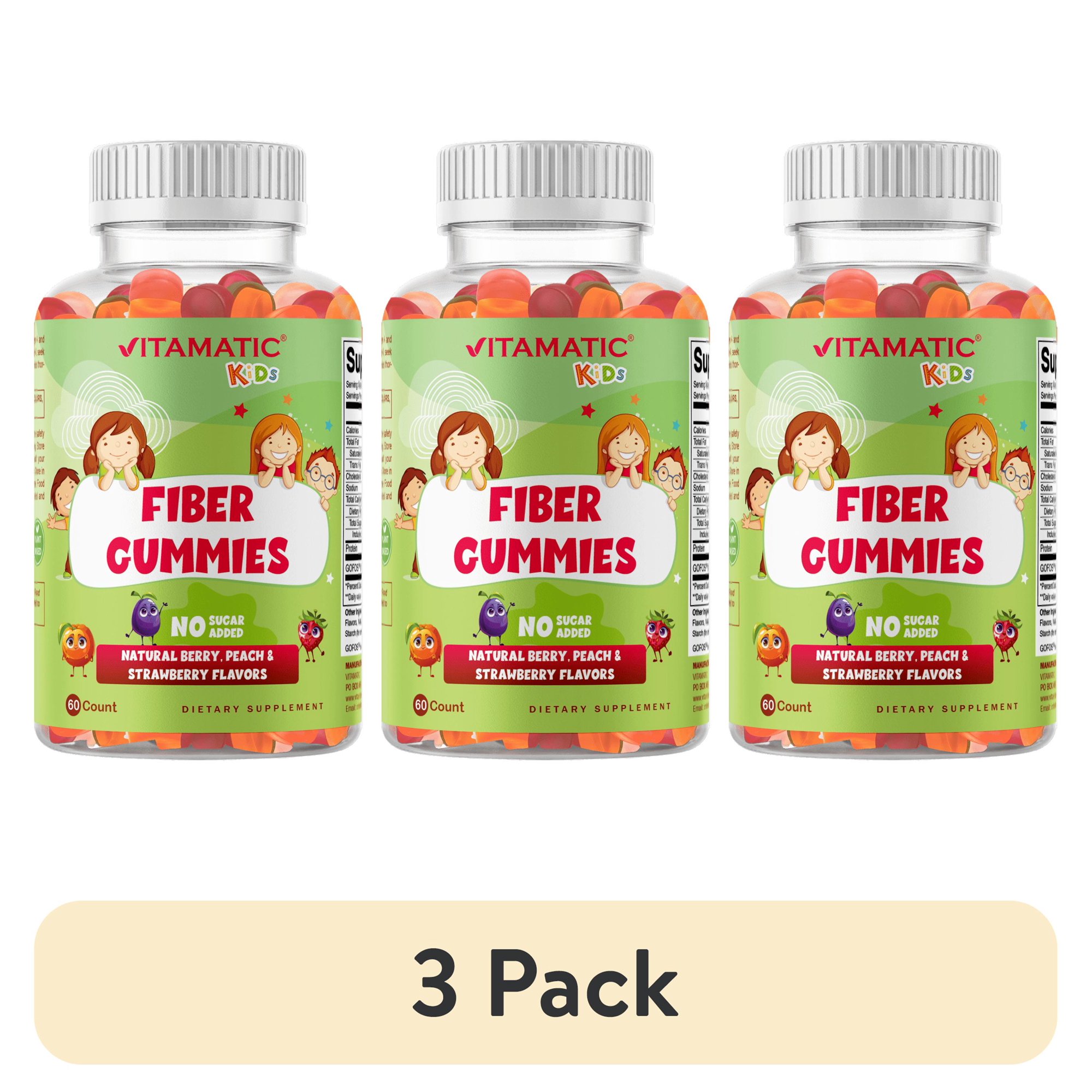 (3 pack) Vitamatic Kids Prebiotic Fiber Gummies for Adults - 4G Fiber Extra Strength - Zero Sugar Added - 60 Pectin Based Gummies - Digestive Health & Regularity Support