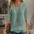 thumbnail image 5 of Juniors T-Shirts Linen Shirts Solid Color 3/4 Sleeve Tops Summer Casual Loose Round Neck Work Blouses Ladies Basic Tunic Tops T Shirts for Women, 5 of 6