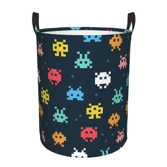 DouZhe Waterproof Collapsible Large Laundry Baskets, Cartoon Aliens Game Monsters Prints Circular Hamper with Handles