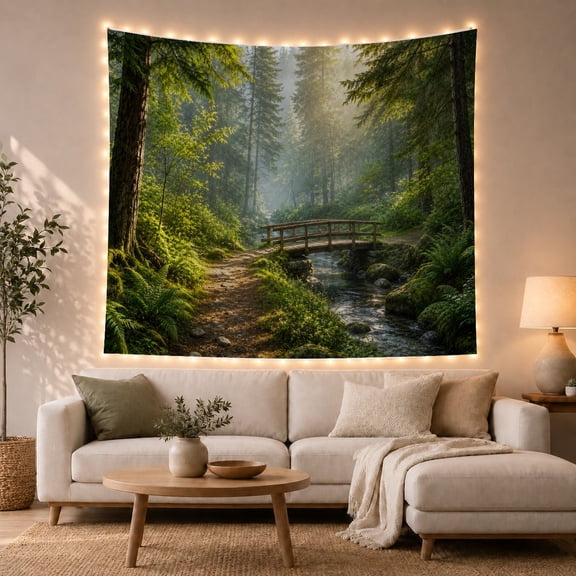 Wooden Bridge in a Misty Forest With Sunlight Filtering Through Trees, Serene Rustic for Nature Lovers, Forest Wall Art Print, Housewarming Gift, Tapestry Wall Hanging for Bedroom and Living Room