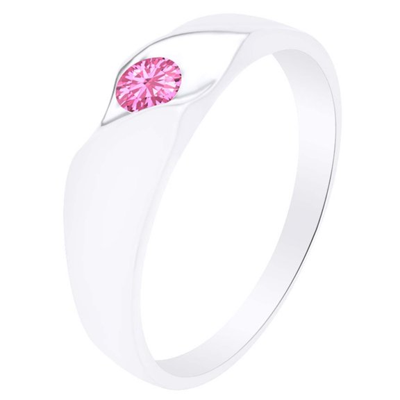 AFFY Simulated Pink Tourmaline Solitaire Unisex Band Ring 14k White Gold Over Sterling Silver-7.5
