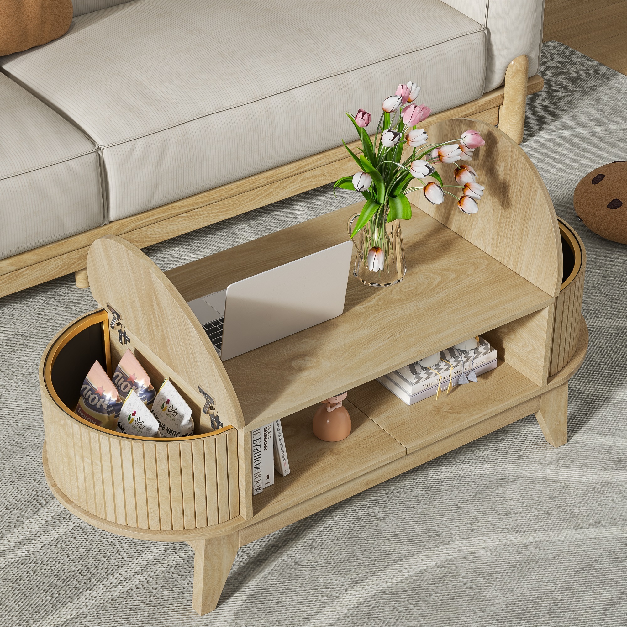 Coffee Table with 2 Hidden Compartment, Wooden Coffee Table with Open Shelf, Center Table for Living Room, Wood Color