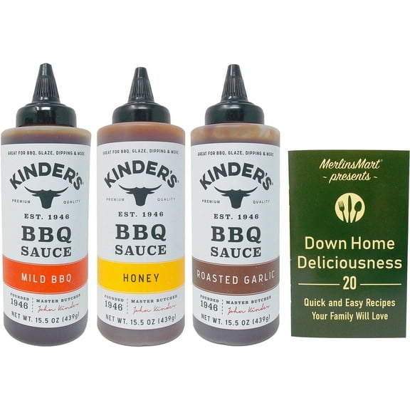 Kinder's BBQ Sauce 3 Flavor Variety - (1) Each: Roasted Garlic, Mild BBQ, Honey (15.5 Ounces)   MerlinsMart Zine