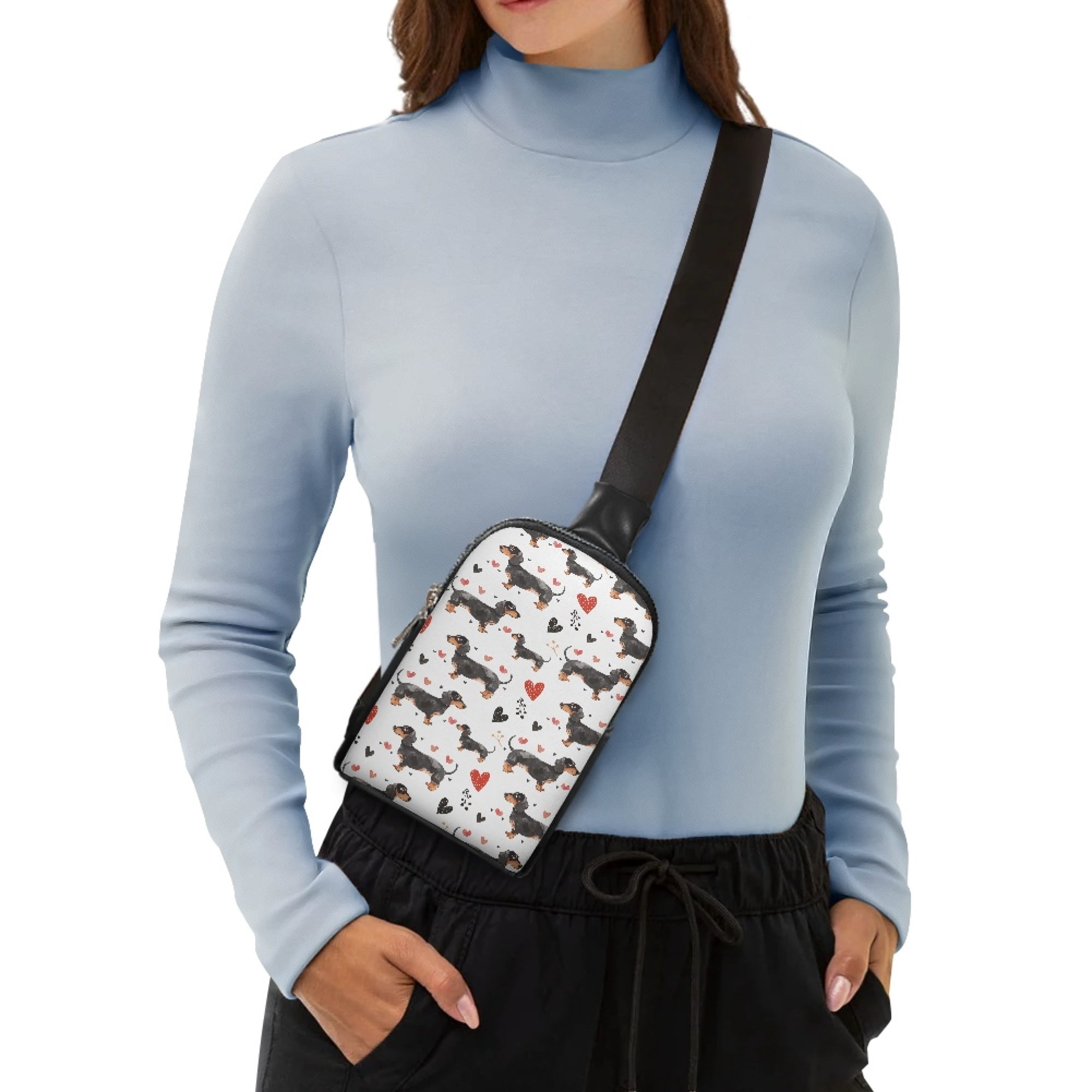 FOR U DESIGNS Dachshund Sling Bag for Women Dog Crossbody Bags White Cross Body Purse PU Leather Fanny Pack with Adjustable Shoulder Strap Cute Chest Bag Heart Belt Bag