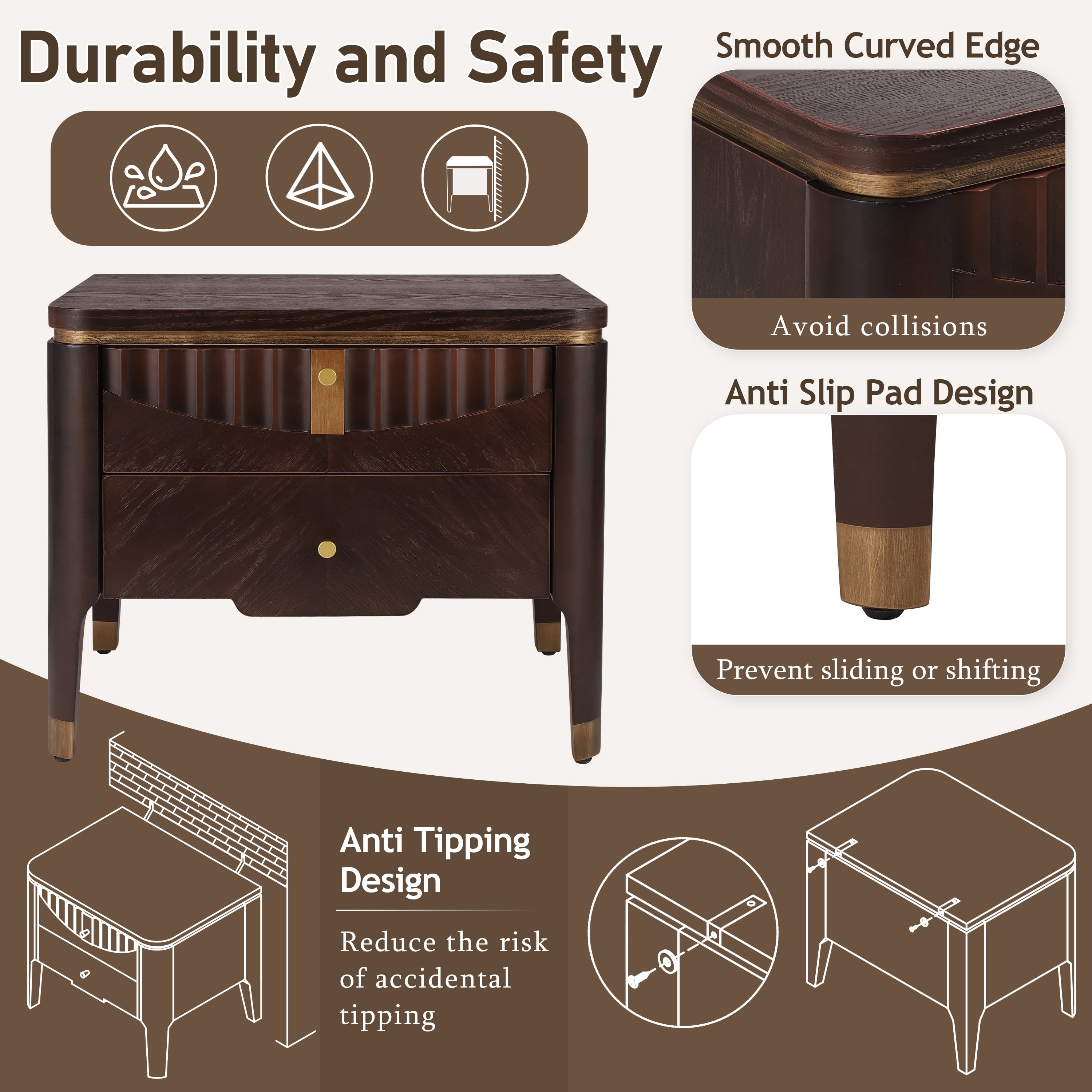 Noble House Modern Nightstand with 2 Drawers, Wave Design Bedside Table with Metal Handles,Dark Brown