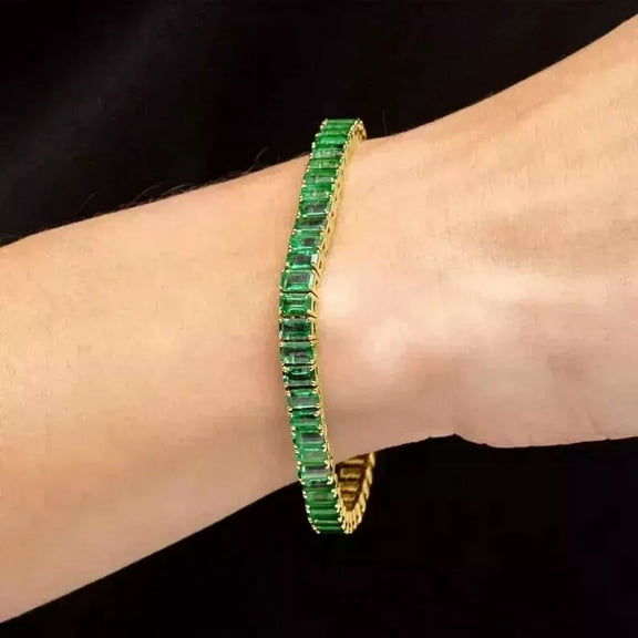 Emerald cut emerald tennis bracelet gold plated | Real vivid green emerald octagon tennis bracelet Thin emerald tennis bracelet