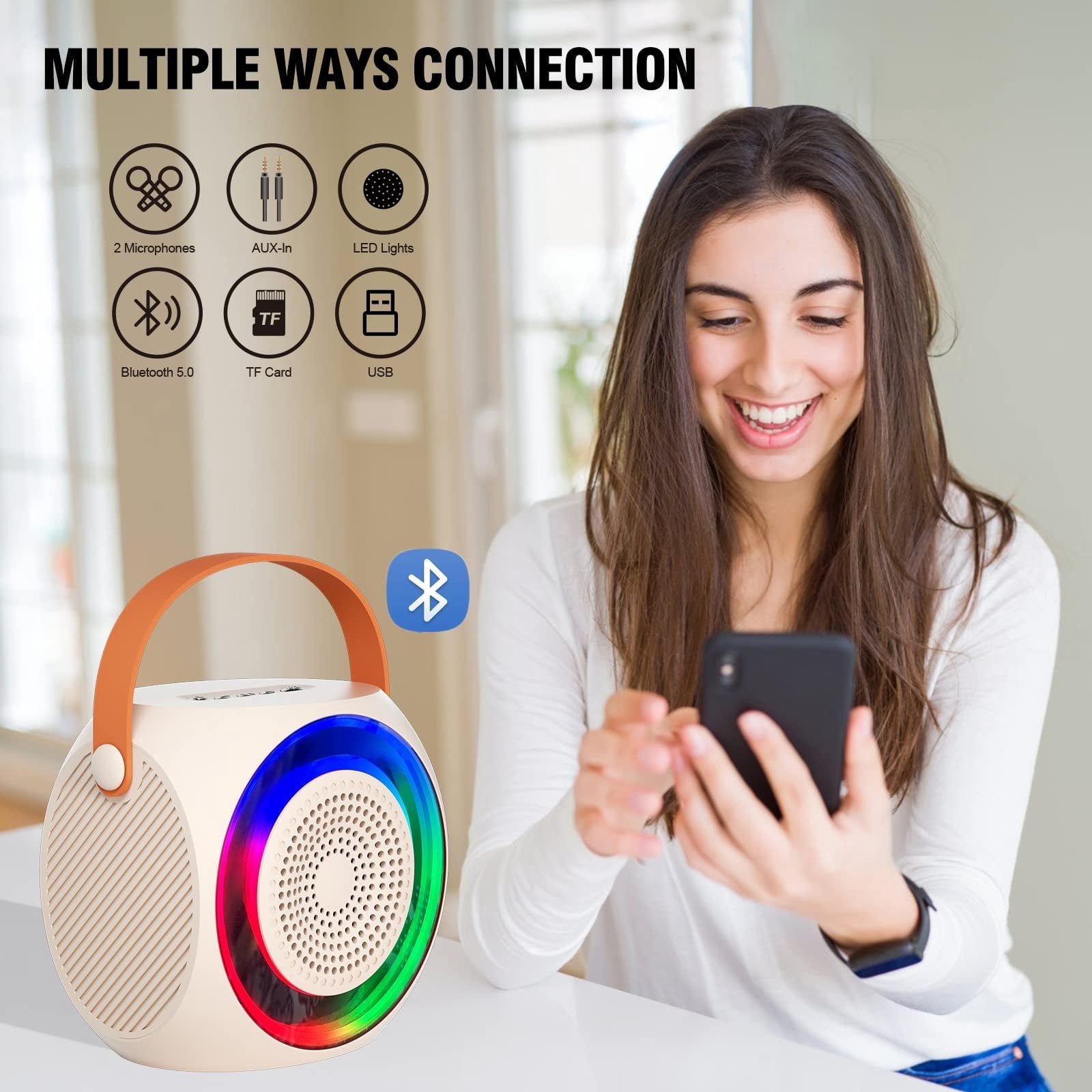 Mini Karaoke Machine for Kids Adults, Portable Karaoke Speaker with 2 Wilreless Microphones and Bluetooth for Home Party, Birthday Gifts for Boys/Girls,Beige