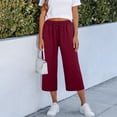 thumbnail image 6 of Linen Capris for Women Wide Leg Petite Pull On Pants with Drawstring Elastic Waist Casual Cropped Pants Wine L, 6 of 6