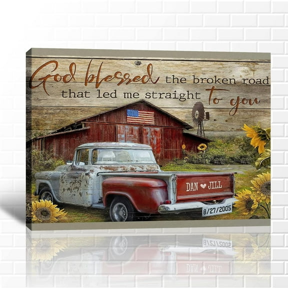 Farmhouse Truck Canvas Wall Art, Vintage Truck Wall Art, Retro Farmhouse Barn Old Truck Pictures Wall Art for Country Room, Valentine's Day Couples Exclusive Custom Canvas Painting 12x18 Inches