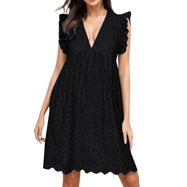 Ketyyh-chn99 Robe T-Shirt Femme Grande Taille Robe Maxi Manche à Volants Superposition Évasée Robe Mini Noir,P