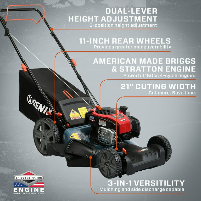 SENIX 21-Inch Gas Mower, 150cc Briggs & Stratton, 3-In-1, 6 SENIX 21-Inch Gas Mower, 150cc Briggs & Stratton, 3-In-1, 6