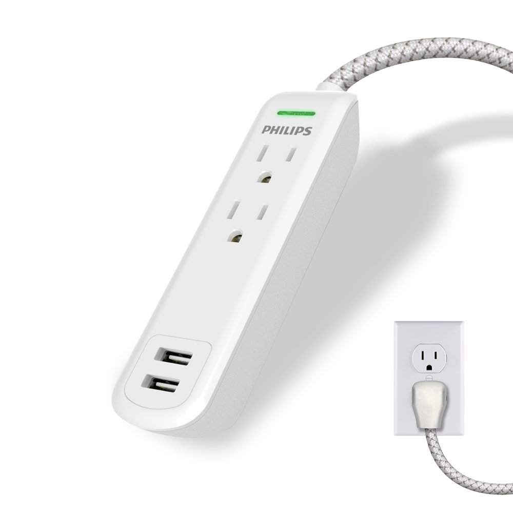 Philips 2 Outlet Surge Protector with 2 USB Ports, 8ft, 300J, White