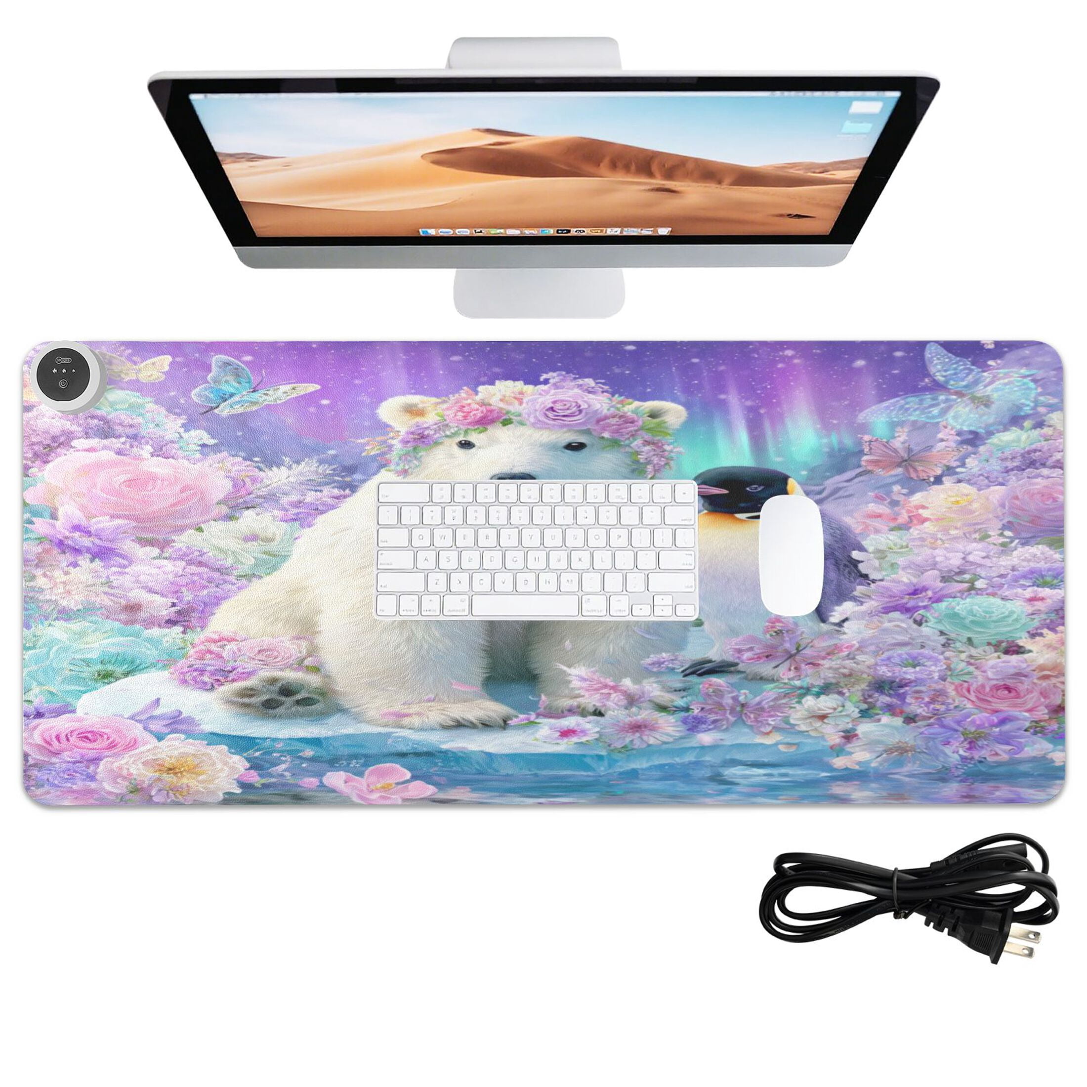 Large Heated Desk Mat Mouse Pad 31.5"x13"PU Leather Graphene Heating Desk Warmer with 3 Temperature Settings 110V US Plug Non-Slip Warm Pad for Home, Office, and Gaming Polar Bear and Penguin Pattern