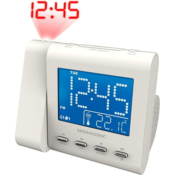 Magnasonic Projection Alarm Clock with AM/FM Radio, Battery Backup, Auto Time Set, Dual Alarm, Nap/Sleep Timer, Indoor Temperature/Date Display with Dimming & 3.5mm Audio Input - White (EAAC601W)