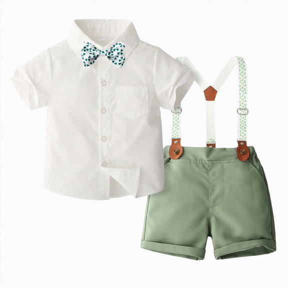 Toddler Boy Gentleman Outfit Toddler Baby Solid Short Sleeve Shirt & Suspender Shorts with Bow Tie 2-Piece Toddler kid Formal Outfit For Birthday Party