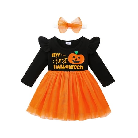 

Liliz Newborn Girl Halloween Outfits Long Sleeve Letter Printed Mesh Patchwork Ruffles Decor Dress + Bow-Knot Headband Set