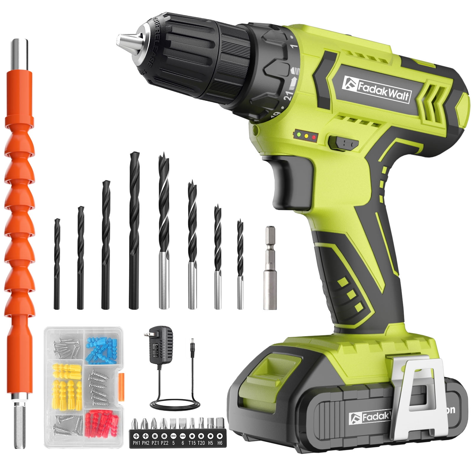 21V Cordless Drill Driver Set – 3/8 Keyless Chuck, 2 Batteries, 25+1 Torque, Dual Speed (0-360/0-1350 RPM), 42 Accessories, LED Light, For Wood/Plastic/Metal