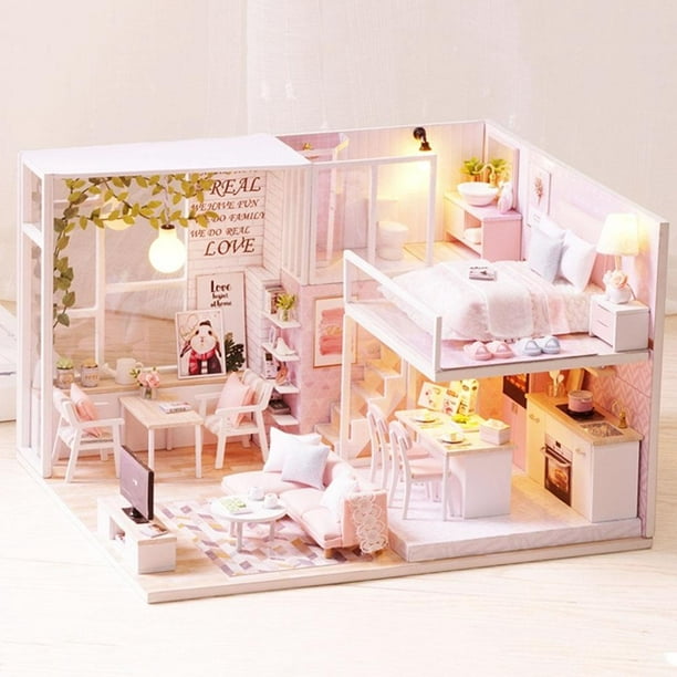 Domqga Kit miniature, Kit de maison de poupée, boisé 1/24 Miniature maison  de poupée LED meubles légers maison de poupée Kit bricolage adulte enfants  cadeau 