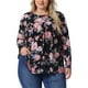 thumbnail image 1 of Blusas de mujer de tallas grandes GRACE & GRANDEUR, con estampado floral, de manga larga, túnica plisada, cuello redondo, elegantes y casuales, 2X, negro, 1 of 1