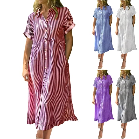 Horkkom Shirt Dresses for Women Plus Size Button Short Sleeve Maxi Dresses Summer Loose Striped Print Casual Dresses L