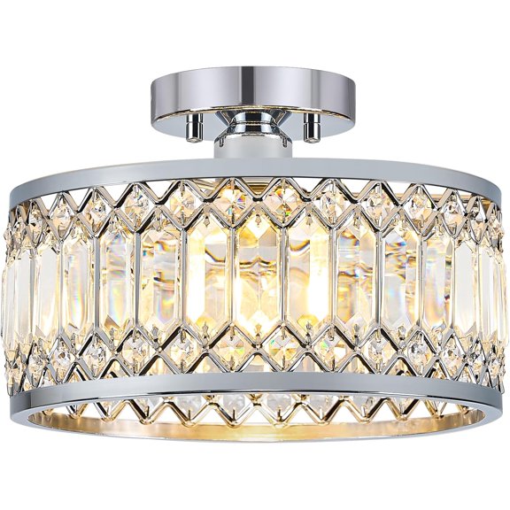 PETGLE Crystal Chrome Ceiling Light, Modern Semi Flush Mount Ceiling Lighting Fixture, Round Hallway Lighting Fixtures for Entryway Kitchen Bedroom Laundry Room, 1-Light, 11.4 Inch
