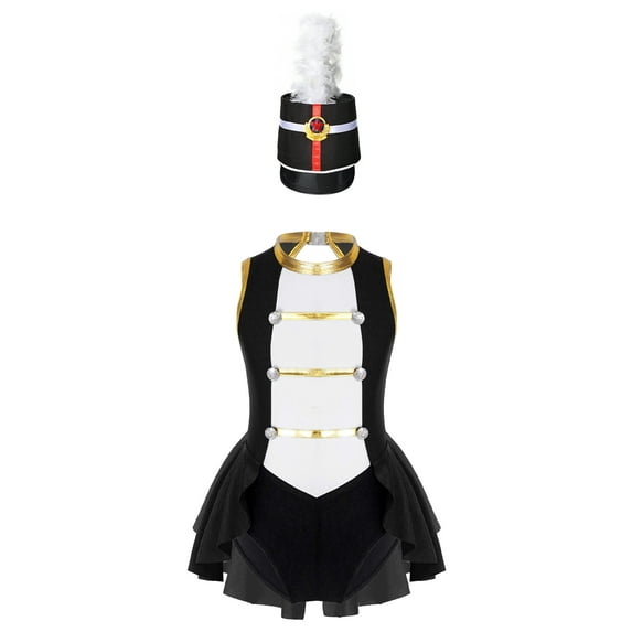 TiaoBug Kids Girls Flag Raiser Honour Guard Uniform 2Pcs Set Sleeveless Cutout Back Leotard with Feather Hat Halloween Costume Black 16