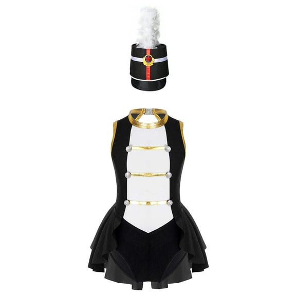 TiaoBug Kids Girls Flag Raiser Honour Guard Uniform 2Pcs Set Sleeveless Cutout Back Leotard with Feather Hat Halloween Costume Black 10