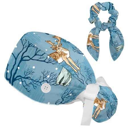 

Working Cap with Buttons and Sweatband Scrub Hat Bouffant Caps with Scrunchie Winter Forest Animals Tie Back Hats