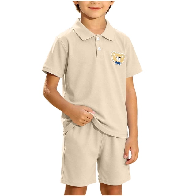 Odeerbi Niños 2 Piezas Preppy Outfit Oso Bordado Tenis Camisa de Golf y Pantalones Cortos Conjunto de Uniforme Escolar