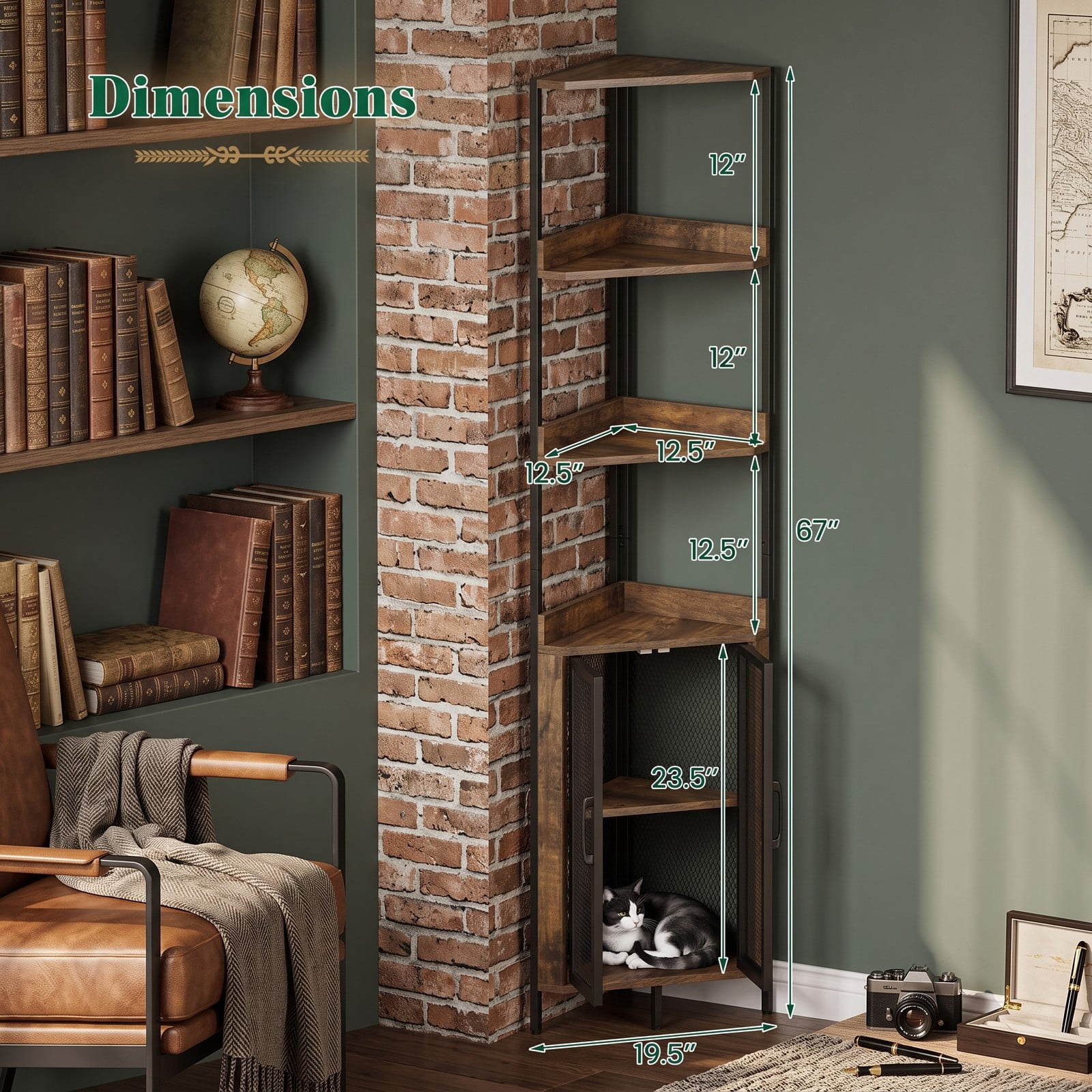 Furnibear 6-Tier Corner Bookshelf 67 Inch Tall Industrial Corner Bookcase with Cabinet Storage Rack Display Shelf for Living Room Bedroom Home Office, Rustic Brown