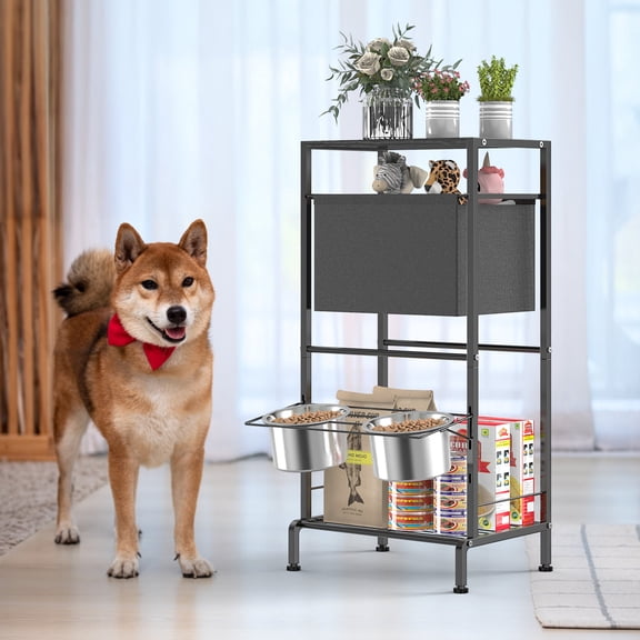 Elevated Dog Bowl Stand with Storage, Black Metal Pet Feeder with 2 Stainless Steel Bowls & Pull‑Out Fabric Drawer