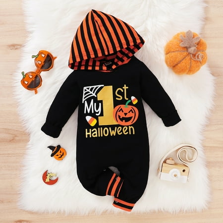 

Augper Onesies For Baby Girl Toddler Costume Fall Winter Clearance Newborn Baby Boys Girls Halloween Letter Print Striped Hoodie Romper Jumpsuits Black