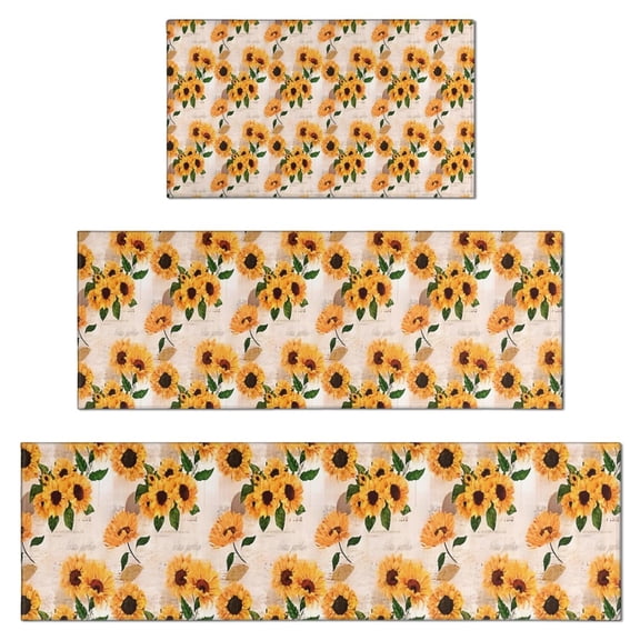 Beige Sunflower Pattern Kitchen Rugs Sets Of 3,Kitchen Runner Rugs Non Skid Washable,Decorative Kitchen Floor Mats for Kitchen,Sink,Laundry,17"x30" 17"x47" 17"x59"