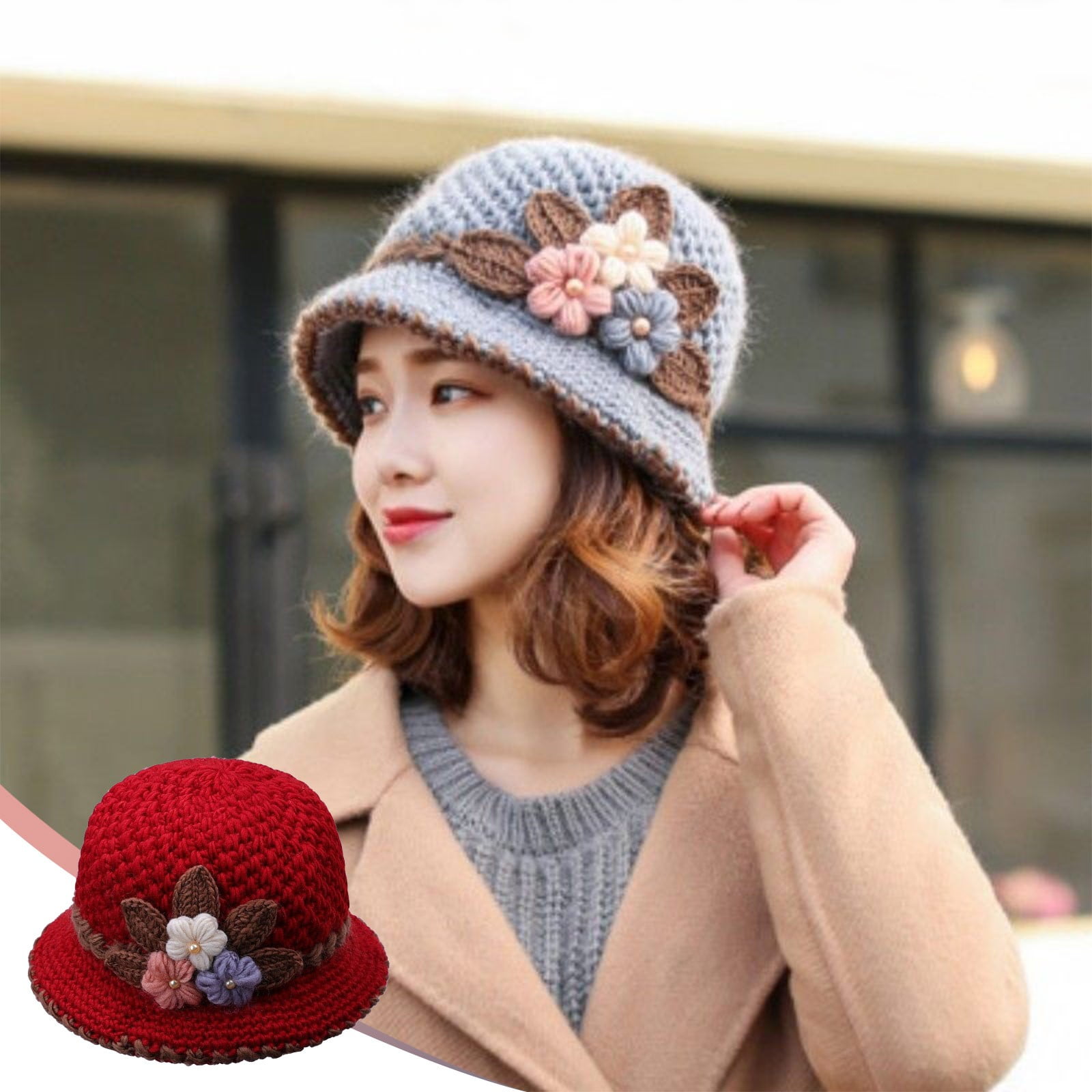 2884 Flower Women\'s Double Layer Thickened Winter Knitted Beanie - Stylish Knitted Woolen Winter Hat for Women | Thick Double Layer  main image 2