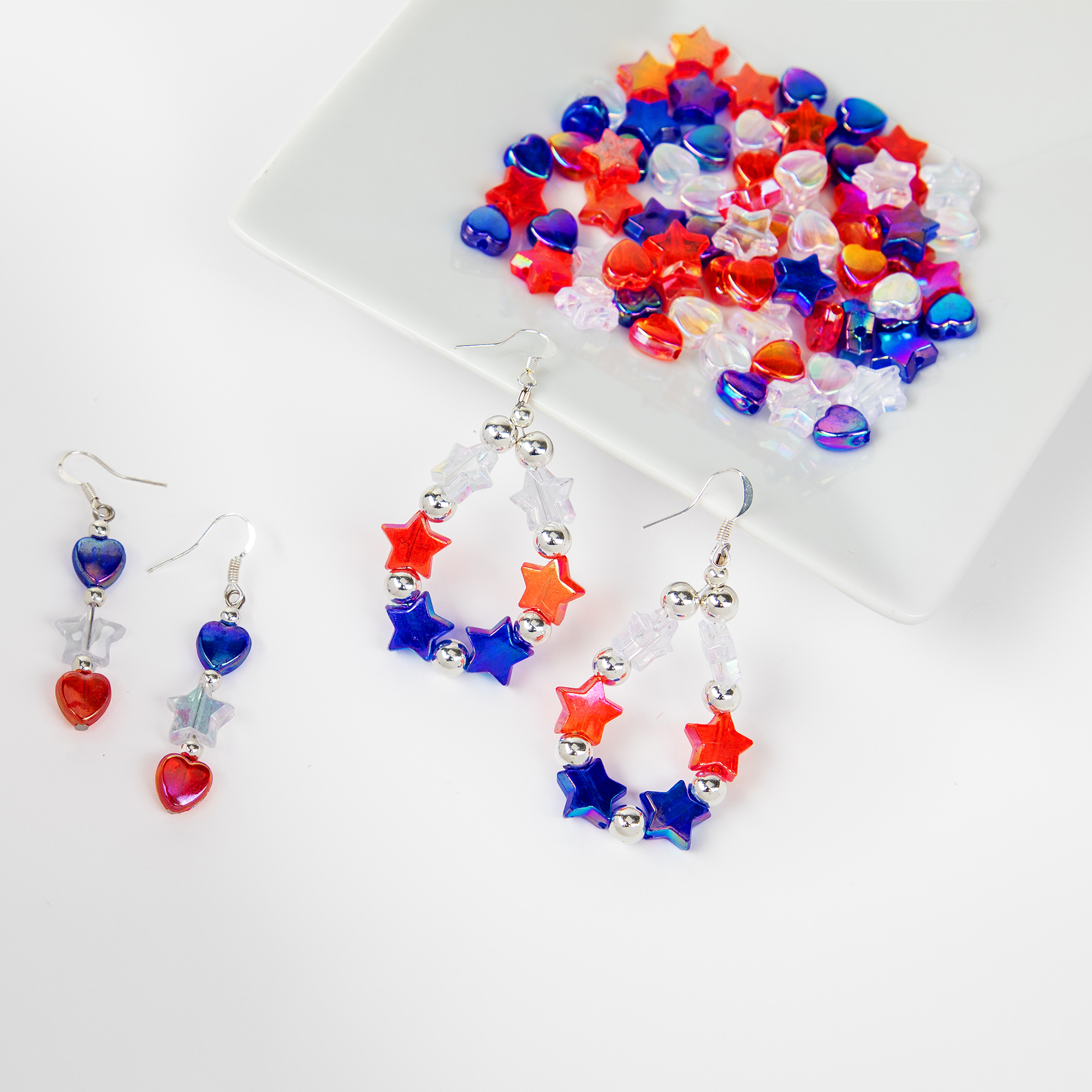Cousin DIY Bead Mix for Jewelry Making, Patriotic Red White & Blue Stars and Heart Beads, 2000 Pieces