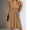 thumbnail image 5 of Solid Color V-Neck Wrap Dress for Women Long Sleeve Knee Length Dress Slim Waist Pleated Casual Short Dress, 5 of 8