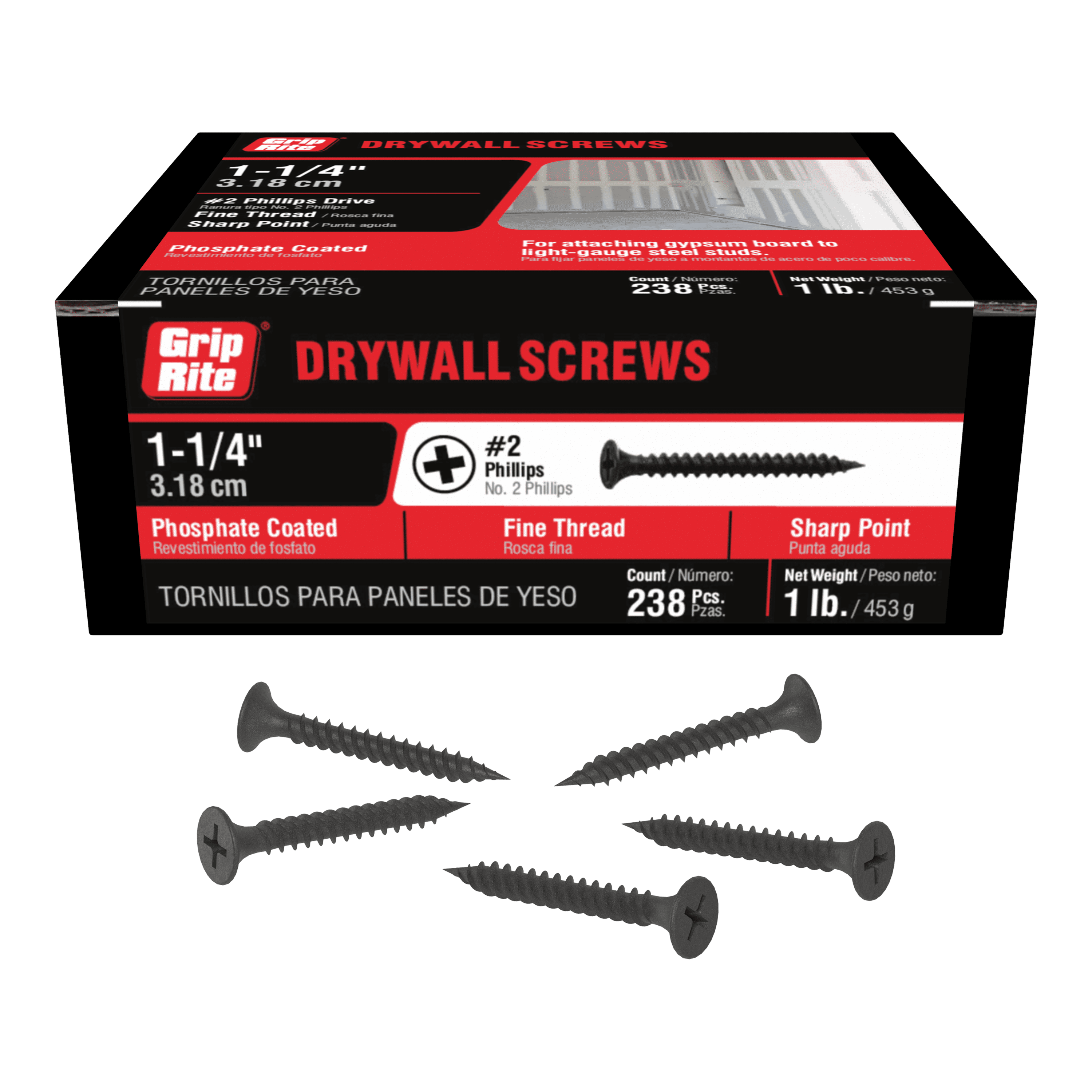 Grip-Rite #6 x 1-1/4in. Phillips Bugle-Head Fine Thread Sharp Point Drywall Screw 1lb.