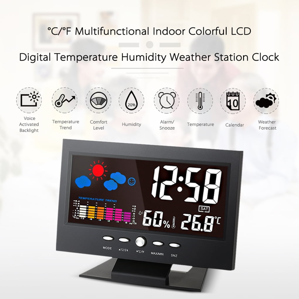 Desk Digital Alarm Clock Weather Thermometer LED Temperature Humidity Monitor 