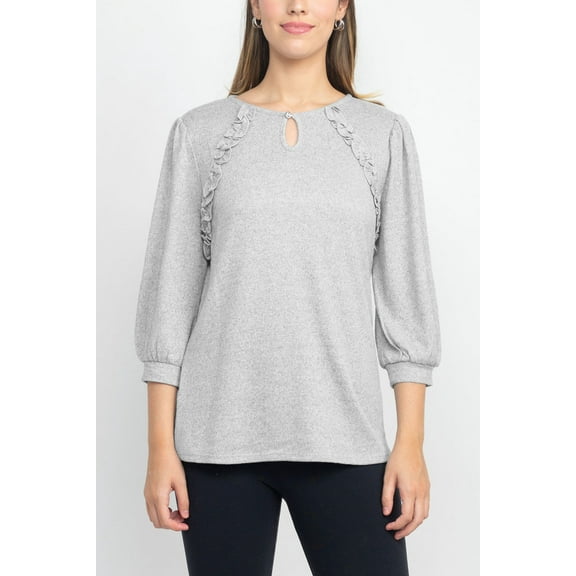 Tint Shadow 3/4 Sleeve Crew Neck with Rhinestone Button Keyhole & Front Ruffle detail Knit Top-BLUE / S
