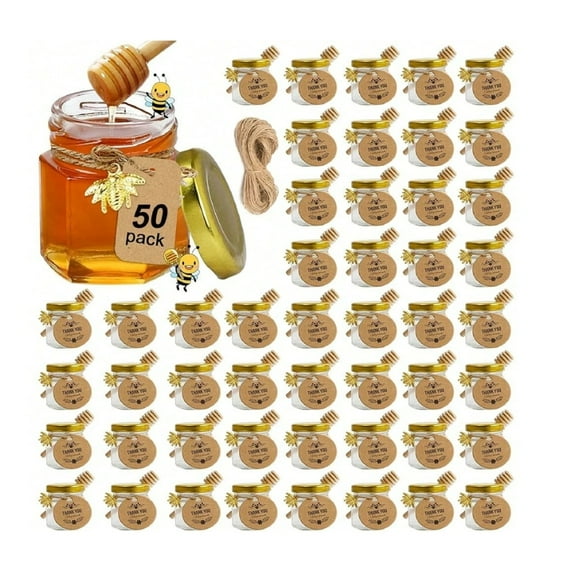 Mini Glass Honey Jars-1.5 Oz, 50 Pack Hexagon Honey Jars With Wooden Dipper, Gold Lid, Bee Pendant, Rope, Mini Honey Jars With Dipper, Perfect For Wedding Favors, Party Favors