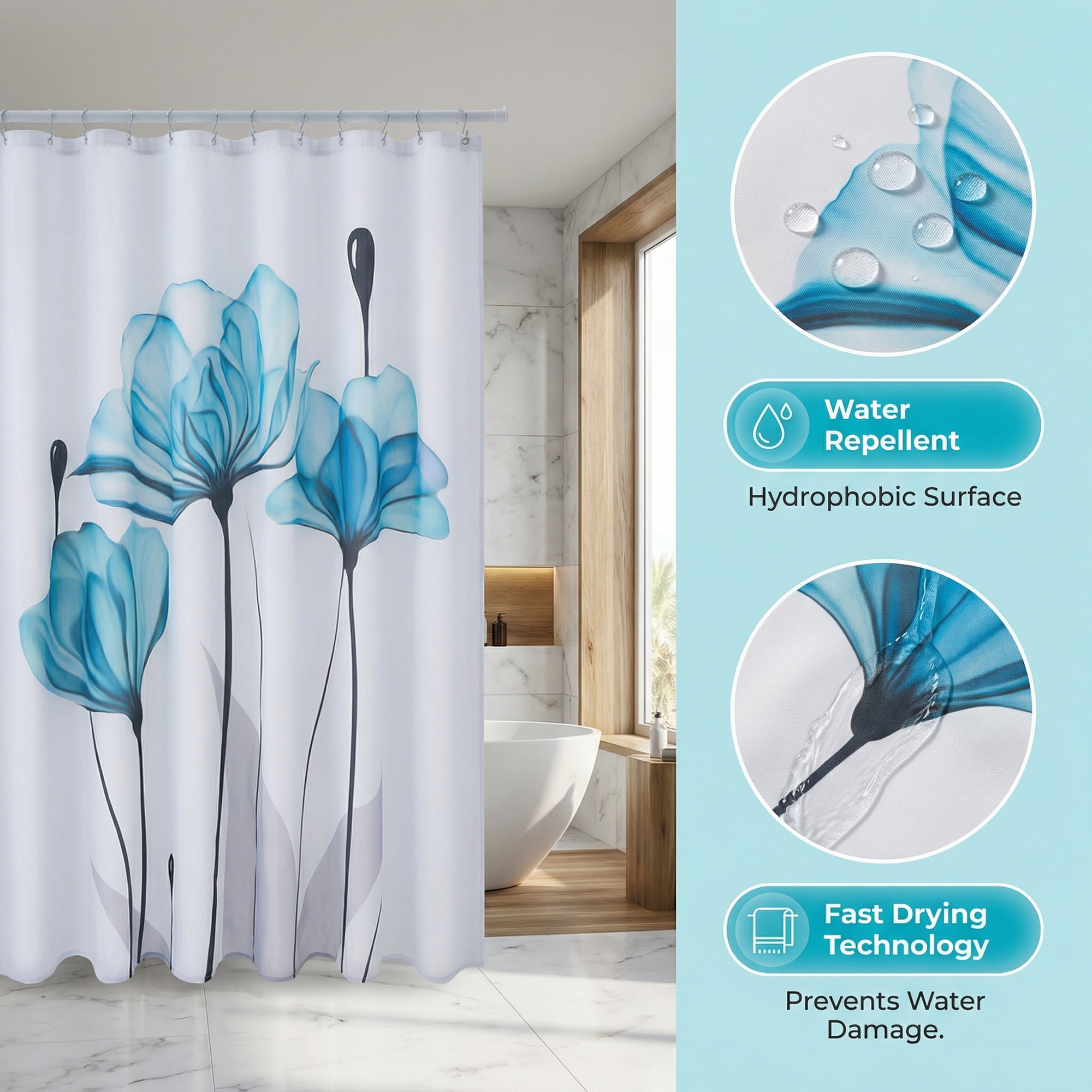 Unique Bargains Shower Curtain Waterproof Sets with Hooks Blue 71"W x 71"L
