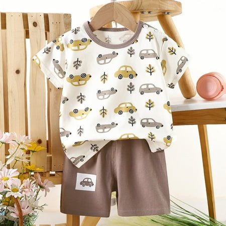 Baby Girl Outfits Homewear Cartoon Print Short Sleeve Crew Neck Tops And Loose Shorts 2 Pcs Girl Clothes Khaki 5-6 Years
